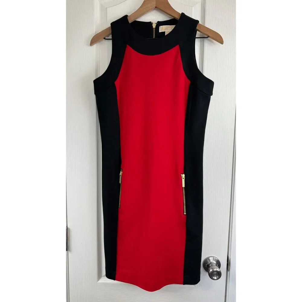 Michael Kors Women's Sleeveless Dress Red Black Polyester Viscose Size S Small